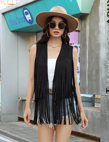 Vista 3 de KOJOOIN Chaleco de borla para mujer, estilo hippie, ante sintético, remaches, sin mangas, con flecos
