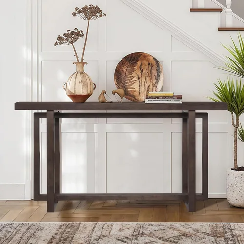 Vista 9 de Mesa de sofá de 59.05 pulgadas para sala de estar, mesa consola Morden, mesa rectangular estrecha de madera maciza con patas de madera de goma