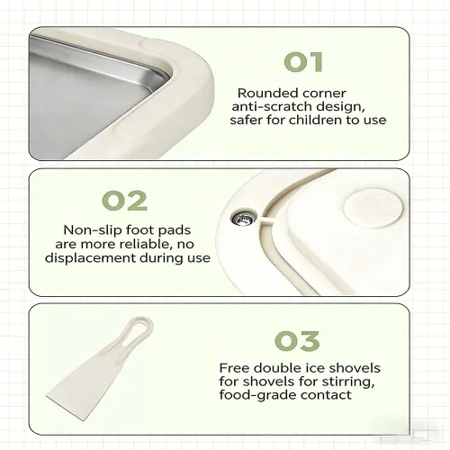 Vista 7 de Máquina para hacer helados enrollados, máquina de rodillo de helado de acero inoxidable con 2 espátulas, bandeja antiadherente de enfriamiento