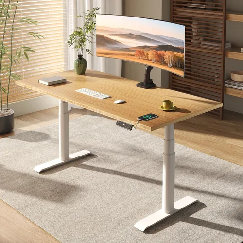 Vista 10 de FLEXISPOT E6 Pro - Escritorio eléctrico de pie de bambú de 3 etapas con patas ovaladas y motor doble, 48 x 24 pulgadas, mesa entera, altura