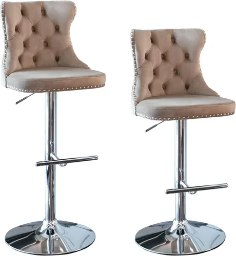 Vista 21 de Juego de 2 taburetes de bar de terciopelo beige, sillas de bar giratorias ajustables con respaldo