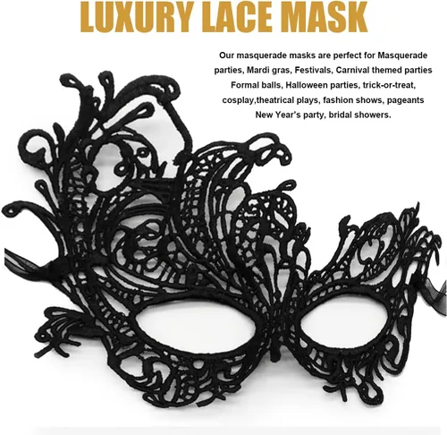 Vista 2 de MYMENU Máscaras de mascarada para mujer, de encaje, Halloween, veneciano, carnaval, para disfraz, cosplay, Mardi Gras, fiesta de baile Negro