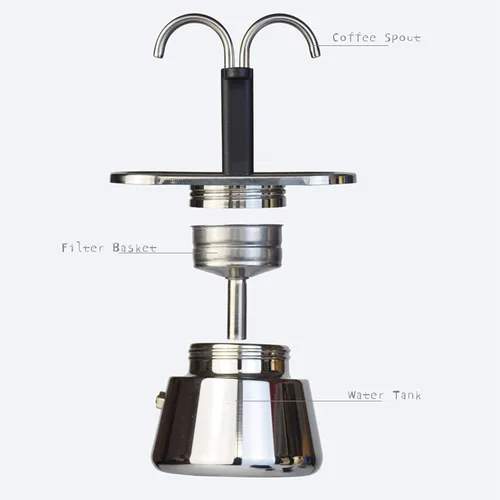 Vista 7 de LIZEALUCKY Olla moka de acero inoxidable, cafetera de doble boquilla para estufa, cafetera de estilo italiano clásico, flujos de preparación oscuros