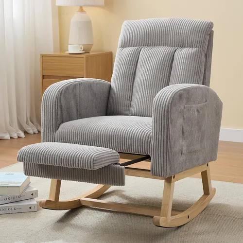 Vista 11 de NIOIIKIT Mecedora para guardería, mecedora tapizada de pana con reposapiés ajustable, silla mecedora copetuda con bolsillo lateral, mecedora café