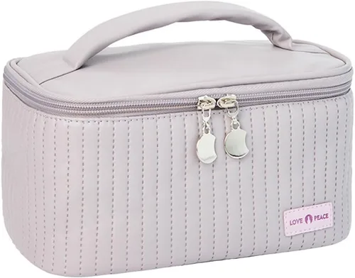 Vista 3 de Bolsa de maquillaje de viaje, estuche de cosméticos con soporte para brochas de maquillaje, organizador portátil de piel sintética para mujer, Café