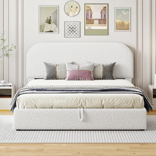Vista 13 de Cama de Plataforma Tapizada con Forma Curva con Cabecera de Forma Curva, Marco de Cama de Madera Tamaño Full para Dormitorio de Niños y Adultos