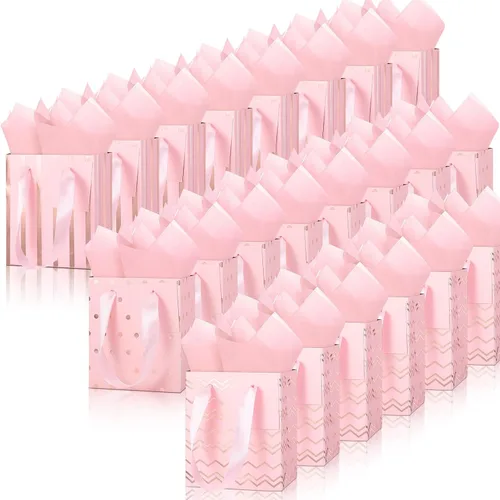 Vista 9 de Tenare - 24 pequeñas bolsas de regalo pequeñas de papel metálicas para fiestas, pequeñas con asas, papel de seda para joyas, envoltura de regalo