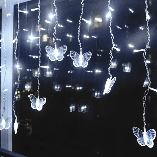 Vista 6 de Luces de Hadas de Cortina de Mariposa con Enchufe USB, 120 LED, 8 modos, 20 pies, luces de cadena de carámbanos centelleantes de luciérnaga