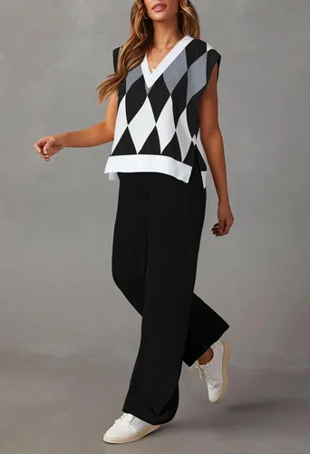 Vista 2 de Viottiset Conjunto de 2 piezas para mujer, suéter con chaleco y cuello en V, sin mangas, pantalones de pierna ancha