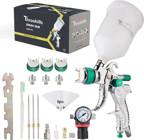 Vista 7 de Pistola Profesional HVLP, Boquilla HVLP de 1.3/1.5/1.8mm de Alta Atomización, Pistola de Pulverización Neumática Ajustable con Gravedad y Recipiente