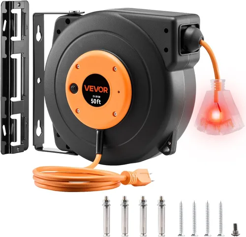 Vista 27 de VEVOR Carrete de cable de extensión retráctil, 30 pies, carrete de cable de alimentación retráctil resistente 16AWG/3C SJTOW con toma triple Rojo