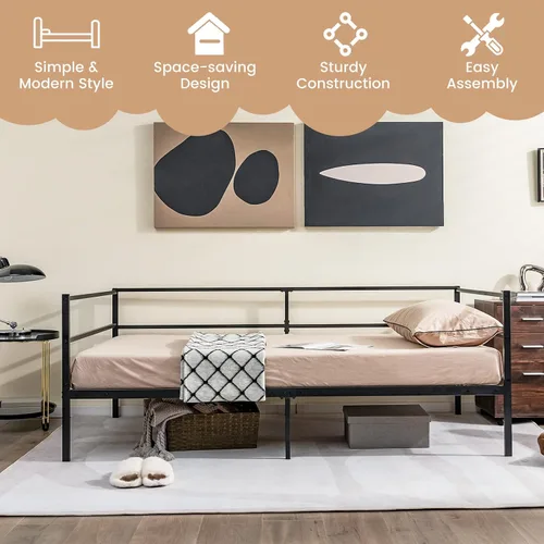 Vista 8 de Giantex Marco de cama de metal tamaño individual, cama de día con soporte de listones de metal y barandillas de 3 lados, sofá cama 2 en 1 que ahorra