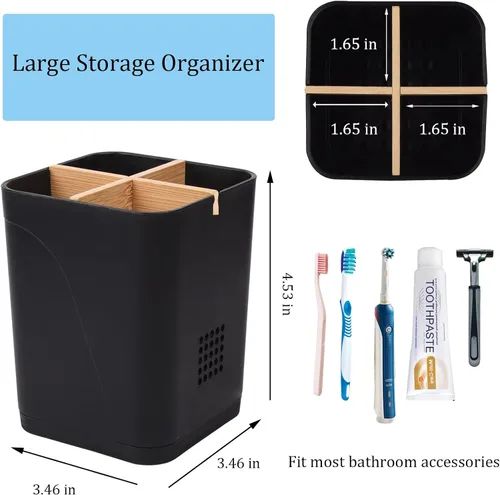 Vista 5 de Soportes para cepillo de dientes con drenaje para baños, soporte para cepillo de dientes de 4 ranuras con divisores de bambú, organizador de cepillo