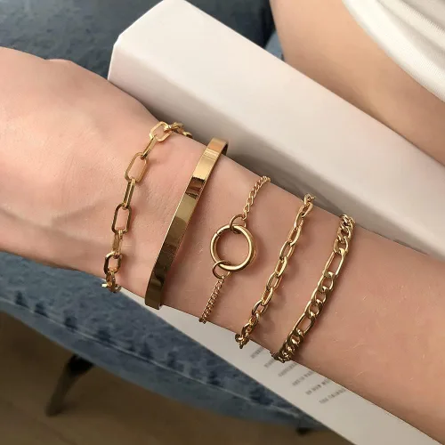 Vista 3 de Wiwpar 5 pulseras de eslabones de cadena para mujer, delicada pulsera cubana con clip para mujeres y niñas, aleación
