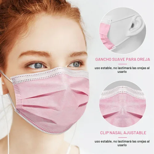Vista 4 de 50 unidades de máscara desechable con filtro de 3 capas no médica respirable con cinta elástica para las orejas Rosa