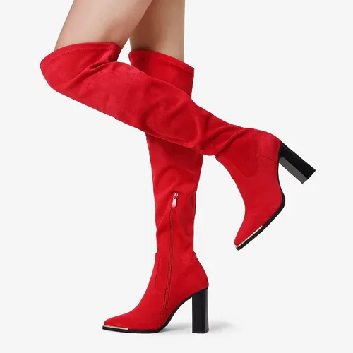Vista 5 de DREAM PAIRS Botas por encima de la rodilla para mujer, con puntera cuadrada alta, tacón alto, largas y sexys, botas de otoño, Metálico