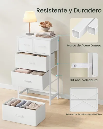 Vista 6 de SONGMICS Cómoda alta para dormitorio, 5 cajones de tela con marco de acero Blanco nube