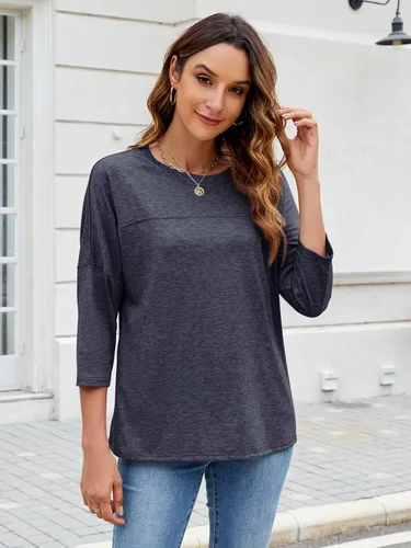 Vista 17 de ZENNILO Camisetas casuales de manga 3/4 para mujer, holgadas, cuello redondo, lindas camisetas básicas