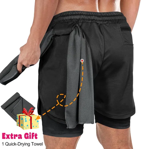 Vista 2 de Pantalones cortos de correr para hombre 2 en 1 de malla para gimnasio, entrenamiento, deportes, pantalones cortos atléticos para hombres
