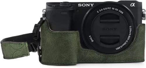 Vista 11 de MegaGear MG1641 Ever Ready - Media funda de cuero genuino para cámara compatible con Sony Alpha A6100, A6400 - Negro