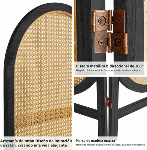 Vista 2 de Divisor de habitación de 3 paneles, divisor de habitación de ratán tejido a mano con marco de madera, pantalla de privacidad plegable de diseño