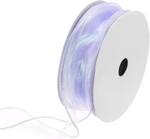 Vista 31 de MECCANIXITY - Cinta de organza con cable de 1 1/2" de ancho, brillante, transparente, con brillo irisado en tonos pastel, cinta de gasa para Beige