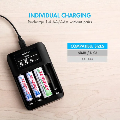 Vista 4 de Tenergy TN474U Cargador de batería NiMH/NiCD de 4 bahías con pantalla LCD y entrada USB, cargador portátil para baterías AA/AAA NiMH y NiCD