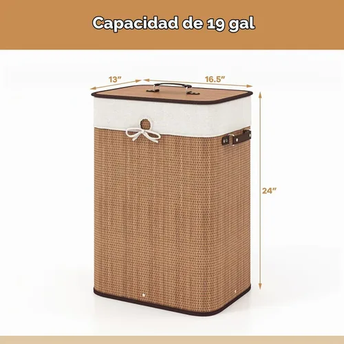 Vista 7 de Cesta de lavandería de bambú Giantex con tapa, cesta grande y alta de 72L para ropa con forro y asas extraíbles, cesta de lavandería rectangular