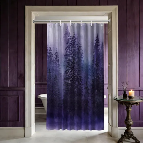 Vista 25 de Cortina de ducha estrecha para hombre, diseño de bosque negro y gris, para casa rodante, juego de decoración de baño, tela impermeable con ganchos