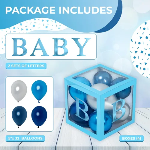 Vista 3 de Cajas de baby shower con letras - Cajas azules metálicas con globos metálicos azules y plateados - Juego de 44 piezas para revelación de género