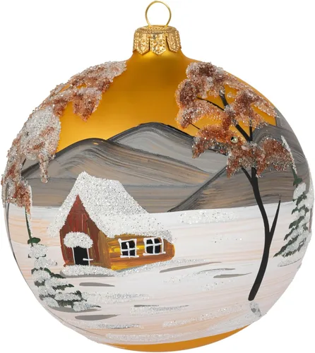 Vista 3 de Adorno navideño de vidrio soplado de Polish Gallery, bola grande dorada, colgante, 5 pulgadas/120 mm, pintado a mano, paisaje invernal campestre