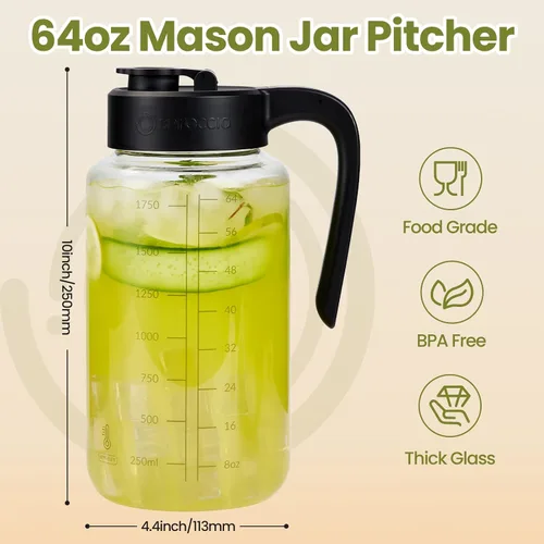 Vista 4 de Jarra de vidrio de borosilicato de 64 onzas con tapa, resistente al calor, boquilla abatible hermética a prueba de fugas, jarra de tarro Mason