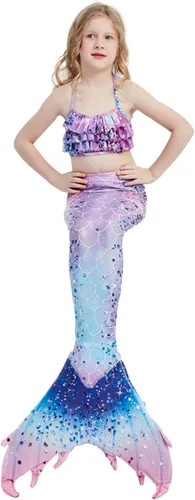 Vista 2 de Traje de baño de cola de sirena para niñas, traje de baño de princesa, conjunto de 5 piezas para 3-12 años