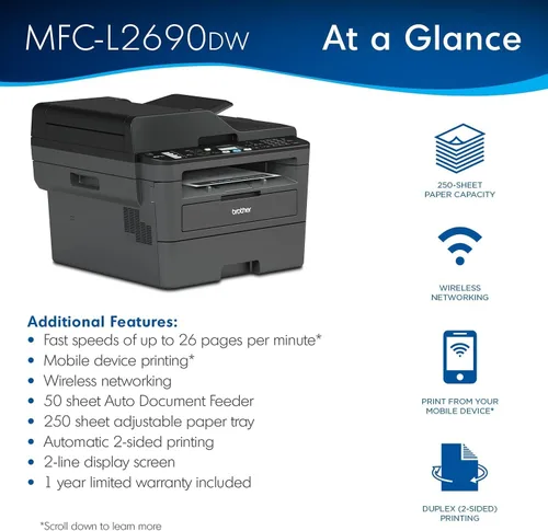 Vista 4 de Brother MFC L26 Series Impresora láser compacta monocromática todo en uno, impresión dúplex automática, 250 hojas, inalámbrica, impresión móvil