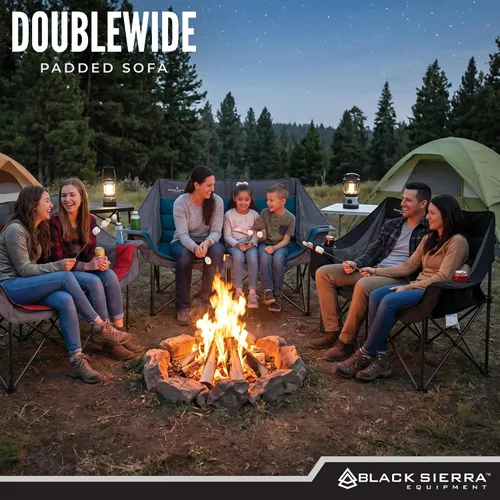 Vista 2 de Black Sierra - Silla de campamento plegable doble acolchada, sofá de campamento plegable de gran tamaño, sofá biplaza portátil para exteriores