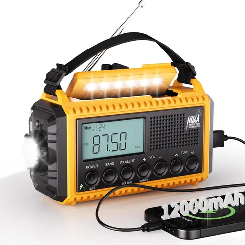 Vista 18 de Radio de Emergencia 12000, Radio Meteorológica NOAA con AM/FM/NOAA/SW, Radio Operada por Batería SOS, Radio de Emergencia de Manivela Manual con 5