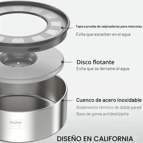 Vista 2 de Feedoo Cuenco de agua antiderrames para perros, de acero inoxidable de doble pared con tapa a prueba de salpicaduras y disco flotante, base Gris