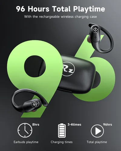 Vista 3 de Auriculares inalámbricos Bluetooth 96H Playtime Pantalla LED impermeable Micrófono integrado Sonido de graves profundos seguros sobre los oídos