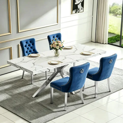 Vista 24 de Henf Mesa de comedor de mármol sintético blanco de 70 pulgadas para 4-6 personas, mesa de cocina rectangular moderna con mesa de mármol sintético