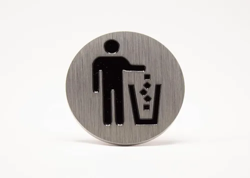 Vista 13 de Logotipo de basura, emblema, medallón, cocina, oficina, parte delantera del gabinete, 1.5 pulgadas, acero inoxidable, latón, negro mate, cantidad 1