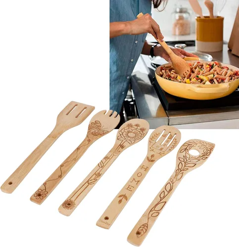 Vista 5 de Juego de 5 cucharas para tallar, cucharas de madera quemadas, cucharas de madera, kit de utensilios de cocina para cocina