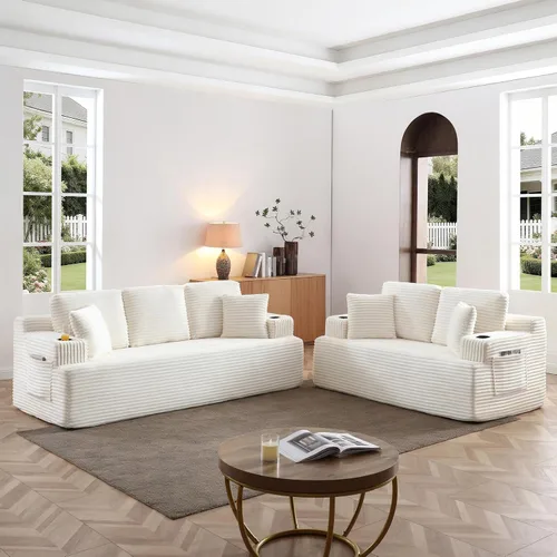 Vista 33 de Sofá sin hueso de 66.5 pulgadas con portavasos y bolsillos laterales, sofá biplaza tapizado de tela de pana moderna con 2 almohadas para sala