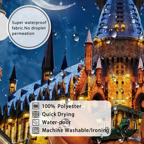 Vista 4 de Cortina de ducha de Halloween para baño, niños, caricatura, calabaza, sombrero de mago, luna, castillo, estrella, lámpara de calle, decoración