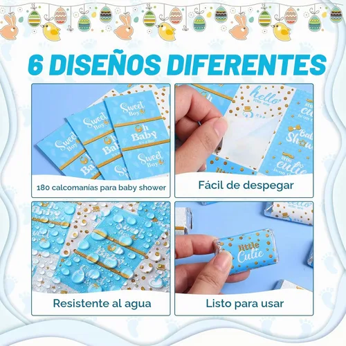 Vista 4 de Clabby Envolturas de Dulces para Baby Shower, Envolturas de Miniaturas de Barras de Dulce Mini, Calcomanías de Etiquetas de Barras de Chocolate