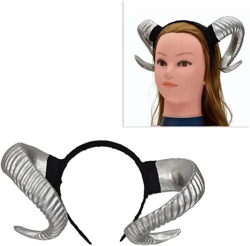 Vista 2 de NUOBESTY Diadema de cuerno de oveja, diadema de cuernos de demonio del diablo para disfraz de Halloween, cosplay, accesorios de fotos (plateado)