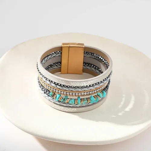 Vista 4 de HUASAI Pulsera bohemia de piel sintética para mujer, joyería de turquesa occidental multicapa