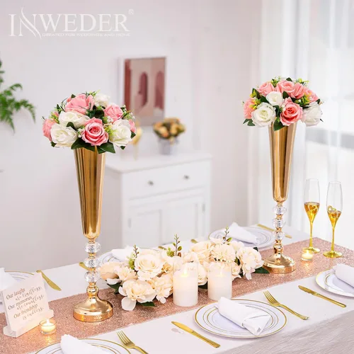 Vista 3 de Jarrón de trompeta de metal dorado, 2 jarrones altos de mesa para centros de mesa, 20.8 pulgadas, soporte de flores para bodas, cumpleaños