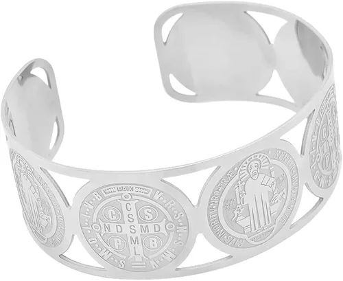 Vista 4 de My Daily Styles - Brazalete de acero inoxidable con cruz de San Benito religioso cristiano