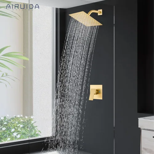 Vista 3 de Airuida - Juego de grifo de ducha dorado cepillado, kit de válvula de ducha de 8 pulgadas