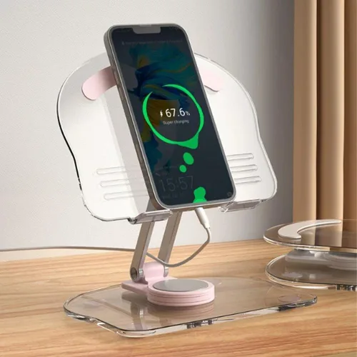 Vista 8 de XIHAMA Soporte acrílico para tableta con base giratoria de 360°, soporte plegable ajustable transparente para iPad de escritorio para iPad/Pro/Air